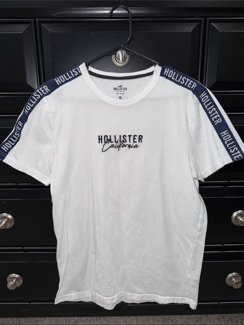 Hollister White Tee with Navy Logo Shoulder Tape